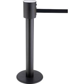 Absperrpfosten RS-Guidesystems® GLA 200, schwarz, Gurtband schwarz & ausziehbar bis 20 m, Ø 350 x H 1000 mm, Metall lackiert & Kunststoff