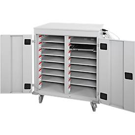 ADB Laptopwagen, 16 Fächer, Stromversorgung, belüftet, Zylinderschloss, 67 kg, B 920 x T 500 x H 1060, lichtgrau RAL 7035