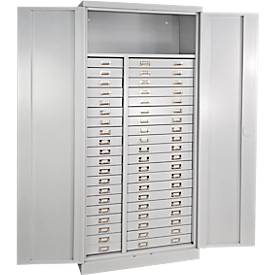 ADB Schubladenschrank, 40 Schubladen, 1 Ablageboden, 2-Punkt-Verriegelung, Stahlausführung, H 1790 x B 800 x T 410 mm, lichtgrau RAL 7035