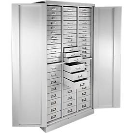 ADB Schubladenschrank, 60 Schubladen, Zylinderschloss, 2-Punkt-Verriegelung, B 800 x T 410 x H 1790 mm, lichtgrau RAL 7035