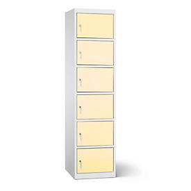 Akku Ladeschrank, 6 Abteile mit Zylinderschloss, Stahlblech lichtgrau RAL 7035/hellelfenbein RAL 1015