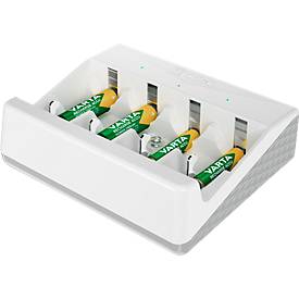 Akkuladegerät für Batterien, 2x o. 4x AA/AAA/C/D & 1x 9V, Ladezeit 4,5 h, USB-C (inkl. Kabel), 100-240 V, B 154 x T 49 x H 129 mm, weiß