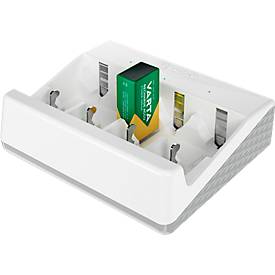 Akkuladegerät für Batterien, 2x o. 4x AA/AAA/C/D & 1x 9V, Ladezeit 4,5 h, USB-C (inkl. Kabel), 100-240 V, B 154 x T 49 x H 129 mm, weiß