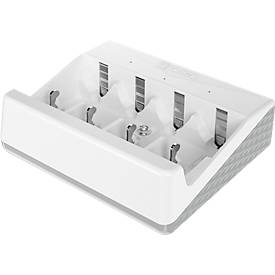 Akkuladegerät für Batterien, 2x o. 4x AA/AAA/C/D & 1x 9V, Ladezeit 4,5 h, USB-C (inkl. Kabel), 100-240 V, B 154 x T 49 x H 129 mm, weiß