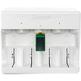 Akkuladegerät für Batterien, 2x o. 4x AA/AAA/C/D & 1x 9V, Ladezeit 4,5 h, USB-C (inkl. Kabel), 100-240 V, B 154 x T 49 x H 129 mm, weiß