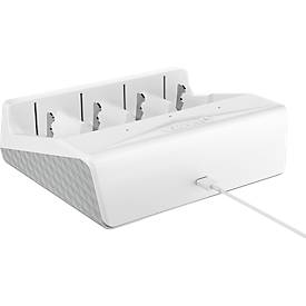 Akkuladegerät für Batterien, 2x o. 4x AA/AAA/C/D & 1x 9V, Ladezeit 4,5 h, USB-C (inkl. Kabel), 100-240 V, B 154 x T 49 x H 129 mm, weiß