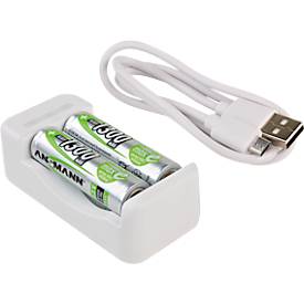 Akkuladegerät für Batterien Ansmann Basic II, 1-2x AA/AAA, inkl. USB-Kabel, inkl. 2 AA-Akkus, B 36,5 × T 26 × H 75 mm, weiß