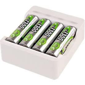 Akkuladegerät für Batterien Ansmann Basic IV, für 1-4x AA/AAA, USB-Eingang inkl. Kabel, inkl. 4x AA Akkus, B 75 × T 66 × H 25,2 mm, weiß