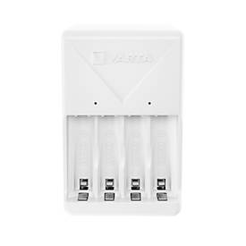 Akkuladegerät für Batterien Varta, für 2x o. 4x AA/AAA, inkl. 4 AA Batterien, Ladezeit 4,5 h, EU-Stecker, 100-240 V, B 74 x T 66 x H 116 mm, weiß
