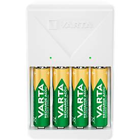 Akkuladegerät für Batterien Varta, für 2x o. 4x AA/AAA, inkl. 4 AA Batterien, Ladezeit 4,5 h, EU-Stecker, 100-240 V, B 74 x T 66 x H 116 mm, weiß
