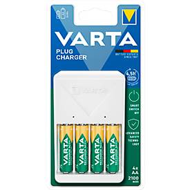 Akkuladegerät für Batterien Varta, für 2x o. 4x AA/AAA, inkl. 4 AA Batterien, Ladezeit 4,5 h, EU-Stecker, 100-240 V, B 74 x T 66 x H 116 mm, weiß