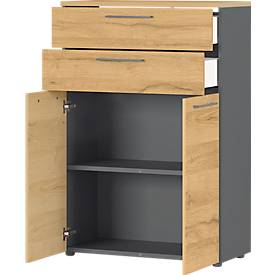 Aktenschrank Agenda Home, 3 OH, B 800 x T 400 x H 1200 mm, 2 Schubladen, Graphit/Eiche