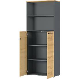 Aktenschrank Agenda Home, 5 OH, B 800 x T 400 x H 1970 mm 2 offene Fächer, abschließbar, Graphit/Eiche