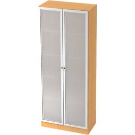 Aktenschrank mit Glastüren ULM, 5 OH, B 800 x T 420 x H 2004 mm, Buche-Dekor