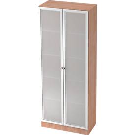 Aktenschrank mit Glastüren ULM, 5 OH, B 800 x T 420 x H 2004 mm, Nussbaum-Dekor