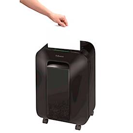 Aktenvernichter Fellowes® Microshred LX 201, Mikropartikelschnitt 2 x 12 mm, P-5, 22 l, 12 Blatt Schnittleistung, mit Rollen, schwarz