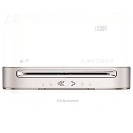 Aktenvernichter Fellowes® Microshred LX 201, Mikropartikelschnitt 2 x 12 mm, P-5, 22 l, 12 Blatt Schnittleistung, mit Rollen, weiß