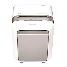 Aktenvernichter Fellowes® Microshred LX 211, Mikropartikelschnitt 2 x 12 mm, P-5, 23 l, 15 Blatt Schnittleistung, mit Rollen, weiß