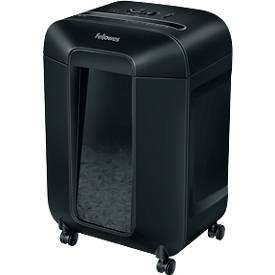 Aktenvernichter Fellowes® Powershred LX 85, Partikelschnitt 4 x 40 mm, P-4, 19 l, 12 Blatt Schnittleistung, mit Rollen, schwarz