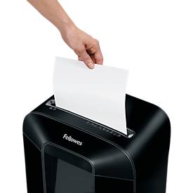 Aktenvernichter Fellowes® Powershred LX 85, Partikelschnitt 4 x 40 mm, P-4, 19 l, 12 Blatt Schnittleistung, mit Rollen, schwarz