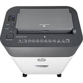 Aktenvernichter HP OneShred Auto 100CC, Sicherheitsstufe P-4, Partikelschnitt 4,3 x 12 mm, 100 Blatt, grau/weiß