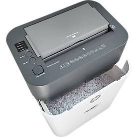 Aktenvernichter HP OneShred Auto 100CC, Sicherheitsstufe P-4, Partikelschnitt 4,3 x 12 mm, 100 Blatt, grau/weiß