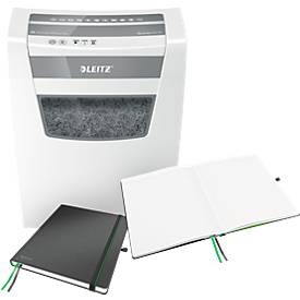 Aktenvernichter Leitz IQ Home Office, Partikelschnitt, P-4, 23 l, 10-11 Blatt, inkl. Notizbuch