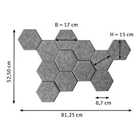 Akustik-Wandelemente, 6-eckig, 12 Stk., Schallabsorberklasse C, 3M Klebepad, B 170 x H 150 mm, Polyester, grau-melierte 