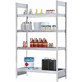 Anbauregal RWW 1364 für Gefahrstoffregal asecos RWW 1372, B 1310 x T 640 x H 2000 mm, mit 4 40 l Wannenböden aus lackiertem Stahl