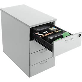 Anstellcontainer, 4 Schübe, Metallgriffe, abschließbar, Fußgleiter, inkl. Materialschale & 4 Trennschiede, B 400 x T 800 x H 730 mm, Spanplatte, grau