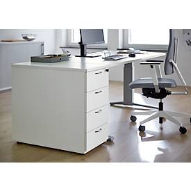 Anstellcontainer, 4 Schübe, Metallgriffe, abschließbar, Fußgleiter, inkl. Materialschale & 4 Trennschiede, B 400 x T 800 x H 730 mm, Spanplatte, weiß