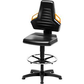 Arbeitsdrehstuhl, Gleiter + Fußring, PU-Schaum schwarz, Griffe orange