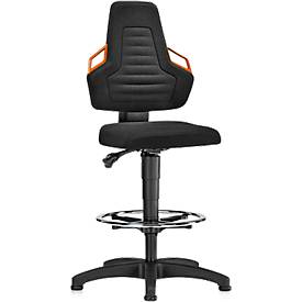 Arbeitsdrehstuhl, Gleiter + Fußring,, Stoff schwarz, Griffe orange
