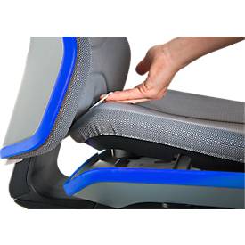 Arbeitsstuhl bimos NEON, Synchronmechanik, Grundmodell ohne Polsterelement, mit Gleitern, Flexband blau