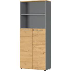 Armario archivador Agenda Home, 5 compartimentos, 800 mm (ancho) x 400 mm (profundidad) x 1970 mm (alto), 2 compartimentos abiertos, con cerradura, grafito/roble