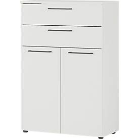 Armoire à 2 portes battantes et 2 tiroirs Agenda, 3 HC, L 800 x P 400 x H 1200 mm, gris clair