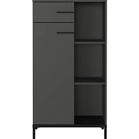 Armoire à étagères Monaco, 3 compartiments, 2 tablettes, 1 tiroir, 1 porte avec poignées, L 640 x P 340 x H 1200 mm, bois/métal, graphite/noir