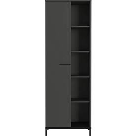 Armoire à étagères Monaco, 5 compartiments, 4 tablettes, 1 porte avec poignées, L 640 x P 340 x H 1900 mm, bois/métal, graphite/noir