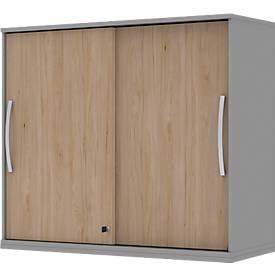 Armoire à monter à porte coulissante BARI, 4 tablettes, serrure, avec cloison médiane, l. 1200 x P 430 x H 1057 mm, gris moyen