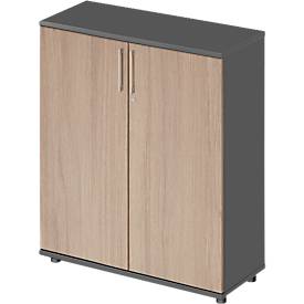 Armoire à portes battantes TETRIS WOOD  – l. 1000 x P 421 x H 1160 mm (hauteur patins inclus) - 3 HC - graphite et décor chêne - notre marque Schäfer Shop Genius