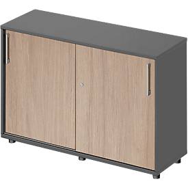 Armoire à portes coulissantes Genius de Schäfer Shop, modèle TETRIS WOOD, 2 compartiments, L 1 200 mm, hauteur patins compris, graphite/chêne