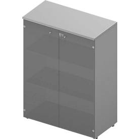 Armoire à portes vitrées ARLON OFFICE, 3 hauteurs de classeurs, portes vitrées sans cadre, l. 900 x P 450 x H 1232 mm, gris clair/alu