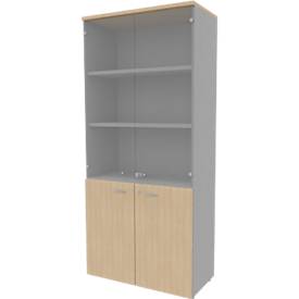 Armoire ARLON OFFICE, 5 hauteurs de classeurs, 2 portes vitrées, 2 portes en mélamine, H 2000 mm, décor chêne/alu
