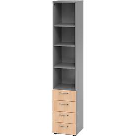Armoire combinée Breno, avec 4 tiroirs &amp; élément d'étagère, 6 HC, L 400 x P 420 x H 2156 mm, panneau de particules, graphite/chêne