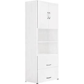 Armoire combinée PALENQUE, 6 HC, portes en bois, tiroir à dossiers suspendus, l. 800 x P 420 x H 2160 mm, blanc