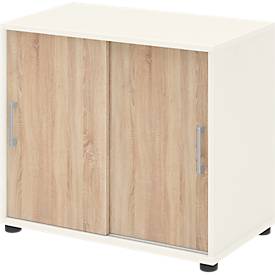 Armoire d'appoint TEMPIO, en bois, 2 portes coulissantes, 2 OH, L 800 x P 430 x H 740 mm, blanc/chêne Sonoma