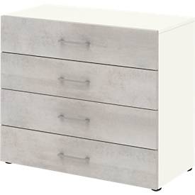 Armoire de bureau TEMPIO, en bois, 4 tiroirs, 2 OH, L 800 x P 340 x H 720 mm, blanc/béton