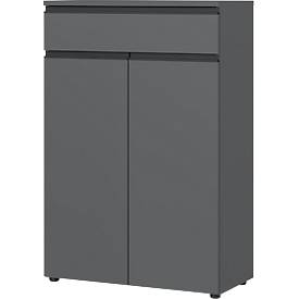 Armoire de classement Aalborg, 1 tiroir, 2 portes, 2 tablettes, patins de meuble, mélaminé, L 810 x P 400 x H 1200 mm, graphite