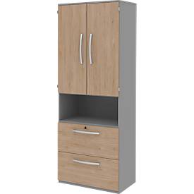 Armoire de classement BARI, 6 HC, 2 portes, 2 dossiers suspendus, verrouillage central, l. 819 x P 430 x H 2174 mm, coloris chêne/gris moyen