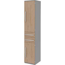 Armoire de classement BARI, 6 HC, 3 tablettes, 2 tiroirs, charnière de porte côté droit, l. 427 x P 430 x H 2174 mm, gris moyen/chêne/alu